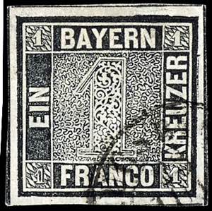 Bavaria 1 Kr. Black, plate 2, large margins ... 