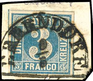 Bavaria 3 Kr. Blue, type 1, large margins ... 