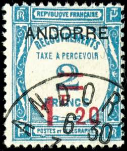 French Andorra Postage: 1931, 1, 20 Fr. On 2 ... 