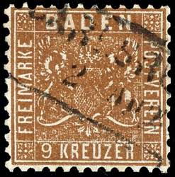 Baden 9 Kr. Yellow brown, used, perforation ... 