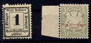 Bavaria Postage Due Stamps 1 Kr black and 5 ... 