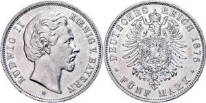 Bavaria 5 Mark, 1876, Ludwig II., small Kr., ... 
