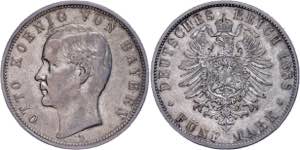 Bavaria 5 Mark, 1888, Otto, small edge nick, ... 