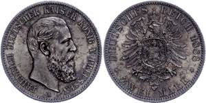 Prussia 2 Mark, 1888, Friedrich III., strong ... 