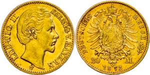 Bayern 20 Mark, 1872, Ludwig II., kl. Rf., ... 