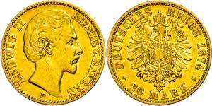 Bavaria 20 Mark, 1874, Ludwig II., small ... 