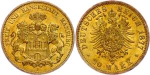 Hamburg 20 Mark, 1877, kl. Rf., vz+, J. 210. ... 