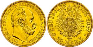 Prussia 20 Mark, 1887, Wilhelm I., tiny edge ... 