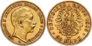 Prussia 20 Mark, 1889, Mzz A, Wilhelm I., ... 