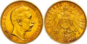 Prussia 20 Mark, 1909 J, Wilhelm II., spotty ... 