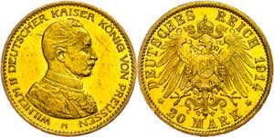 Prussia 20 Mark, 1913, Wilhelm II., tiny ... 