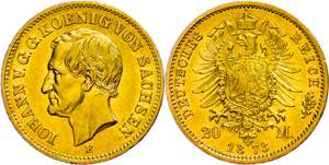 Sachsen 20 Mark, 1873, Johann, kl. Rf., ... 