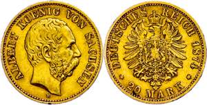 Sachsen 20 Mark, 1876, Albert, kl. Rf., ss. ... 