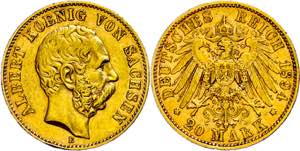 Saxony 20 Mark, 1894, Albert, small edge ... 