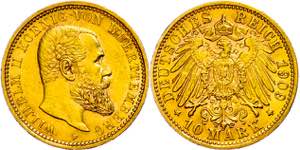 Württemberg 10 Mark, 1909, Wilhelm II., kl. ... 