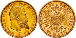 Württemberg 20 Mark, 1894, Wilhelm II., kl. ... 