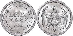 Münzen Weimar 3 Mark, 1924, A, Randfehler, ... 