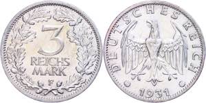 Münzen Weimar 3 Reichsmark, 1931, Mzz F, ... 