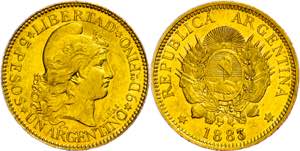 Argentina 5 Peso, Gold, 1883, Fb. 14, tiny ... 