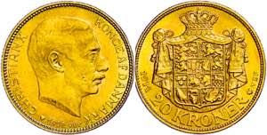 Denmark 20 coronas, Gold, 1914, Christian X, ... 
