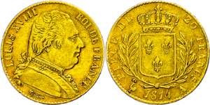 France 20 Franc, Gold, 1814, Louis XVIII, A ... 