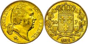 France 20 Franc, Gold, 1816, Louis XVIII, W ... 