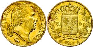 France 20 Franc, Gold, 1817, Louis XVIII, A ... 