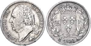 France 1 / 2 franc, 1823, silver, Paris, ... 