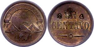 Guatemala 1 centavo, 1871, with countermark ... 