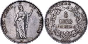 Italy Lombardy, 5 liras, 1848, Milan, Dav. ... 