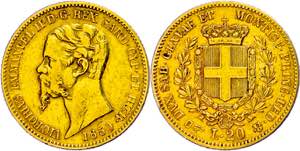 Italy Sardinia, 20 liras, Gold, 1850, Victor ... 