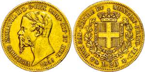 Italy Sardinia, 20 liras, Gold, 1859, Victor ... 