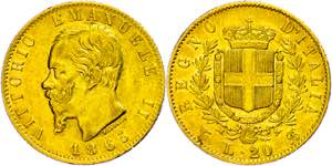 Italy 20 liras, Gold, 1865, Vittorio ... 