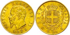 Italy 20 liras, Gold, 1873, Vittorio ... 