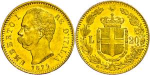 Italy 20 liras, Gold, 1879, Umberto I., Fb ... 