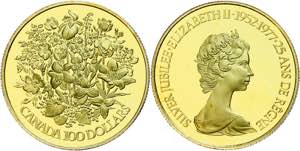 Canada 100 Dollars, Gold, 1977, floral ... 