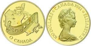 Canada 100 Dollars, Gold, 1981, anthem Notes ... 