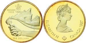 Canada 100 Dollars, Gold, 1987, olympic ... 