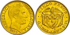 Columbia 5 Peso, Gold, 1919, Fb. 110, small ... 