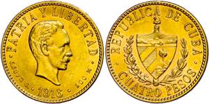Cuba 4 Peso, Gold, 1916, Fb. 5, small Kr., ... 