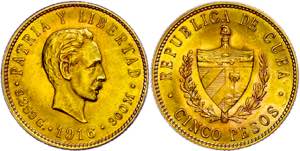 Cuba 5 Peso, Gold, 1916, Fb. 4, extremley ... 