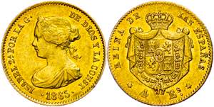 Spain 4 Escudos, Gold, 1865, Isabel II., Fb. ... 