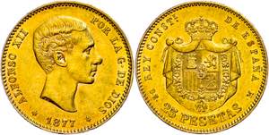 Spain 25 Pesetas, Gold, 1877, Alfonso XII, ... 