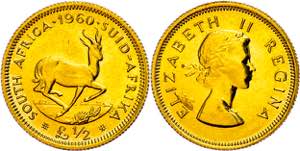 South Africa 1 / 2 Pound, Gold, 1960, KM 54, ... 