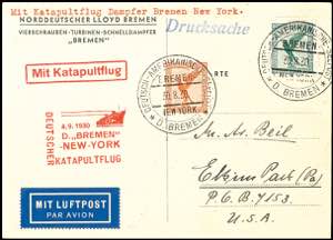 Katapultpost 1930, D. Bremen 4.9., Karte mit ... 