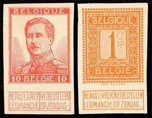Belgien 1 C. orange u. 10 C. rot, zwei ... 