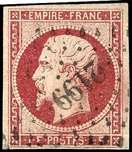 Frankreich 1853, 1 Fr. karmin, gestempelt, ... 