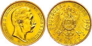 Prussia 20 Mark, 1909 A, Wilhelm II., small ... 