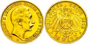 Prussia 20 Mark, 1909 A, Wilhelm II., small ... 