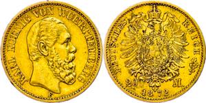 Württemberg 20 Mark, 1872, Karl, kleine ... 